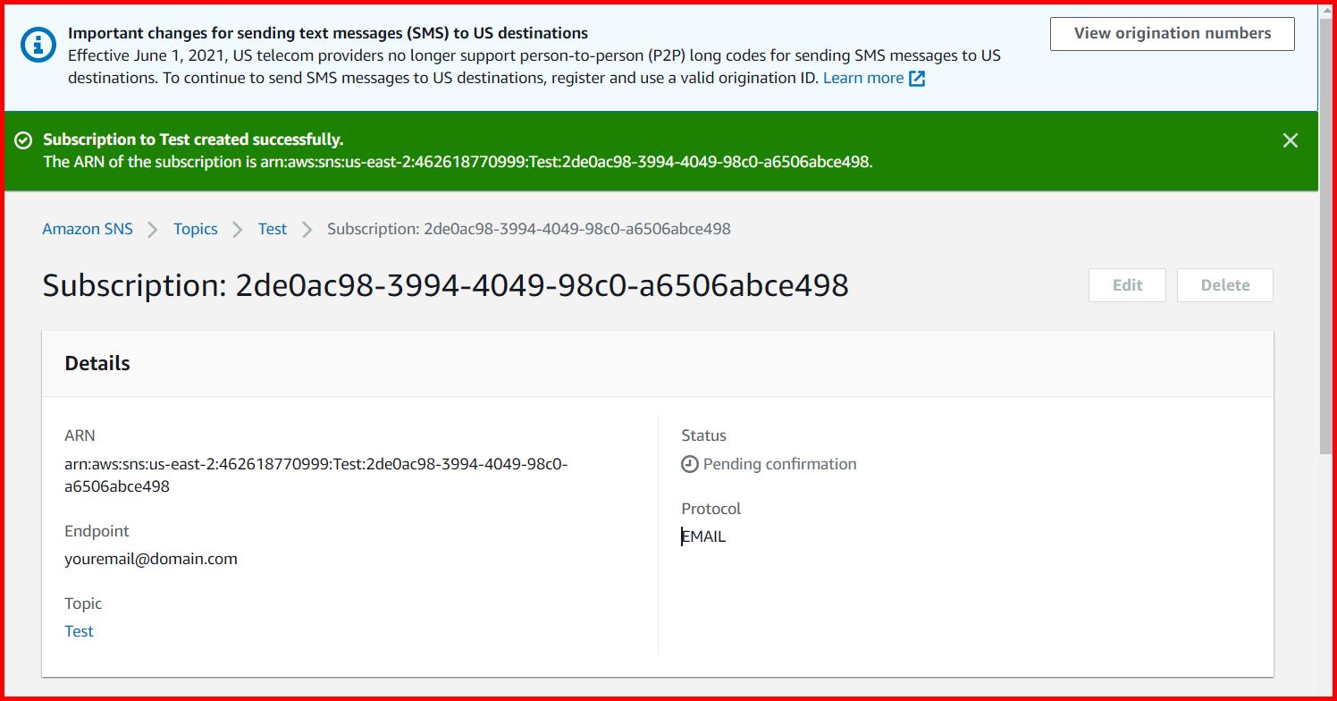 Picture showing the confirmation message when the subscription is created